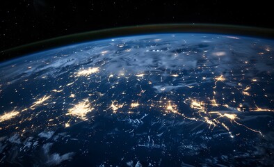 Obraz premium A wide shot of the Earth from space, with glowing city lights forming lines and connections across its surface, symbolizing global connectivity and technology's role in connecting people around the wo