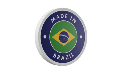 Made in Brazil. Circle country flag product label round pinback button banner simple. Transparent backgound. 3d rendered with alpha channel. Round shape.
