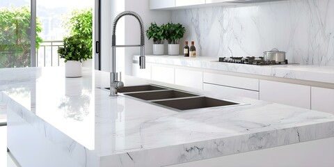 Photoshop rendering of modern luxury kitchen with white marble countertops and furniture. Concept Interior Design, Luxury Kitchen, White Marble Countertops, Modern Furniture, Photoshop Rendering