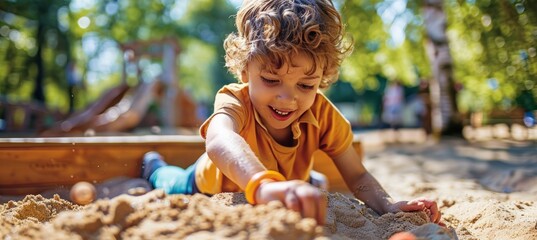 Child Playing in Park Sandbox Wearing Mosquito Repellent Bracelet for Summer Protection