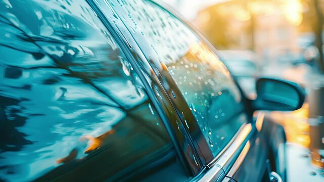 Upclose view of a tinted car window giving a distorted view of the objects outside.