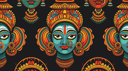 A colorful painting of a woman's face with a nose ring and a blue