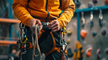 Climber Performing Safety Check on Equipment Indoors - Adventure, Preparation, Fitness Concept
