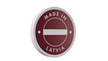 Made in Latvia . Circle country flag product label round pinback button banner simple. Transparent backgound. 3d rendered with alpha channel. Round shape.