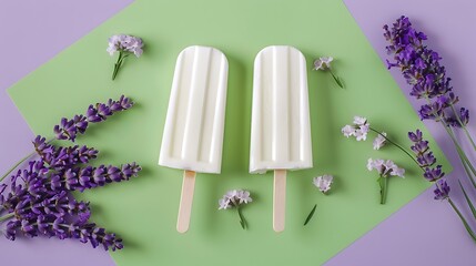 Ice popsicle ice cream on green and lavender background
