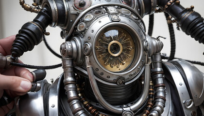 Fototapeta premium Intricate Steampunk Robot Close-Up with Human Hand