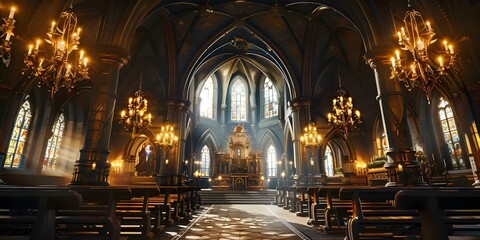 Fototapeta premium Imaginary temple church interior with a fantastical design and atmosphere. Concept Fantasy Architecture, Imaginary Interiors, Temple Church, Fantastical Design, Atmospheric Décor