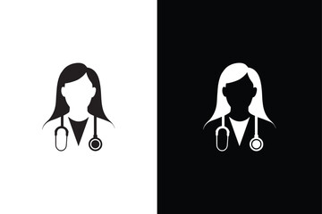 Doctor icon silhouette. Medical Team Icon. Female doctor symbols on black white background.