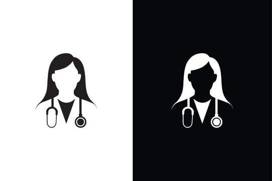 Doctor icon silhouette. Medical Team Icon. Female doctor symbols on black white background.