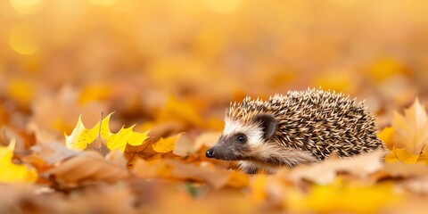 A charming hedgehog nestled in vibrant autumn leaves, creating a perfect seasonal scene with warm, golden tones.
