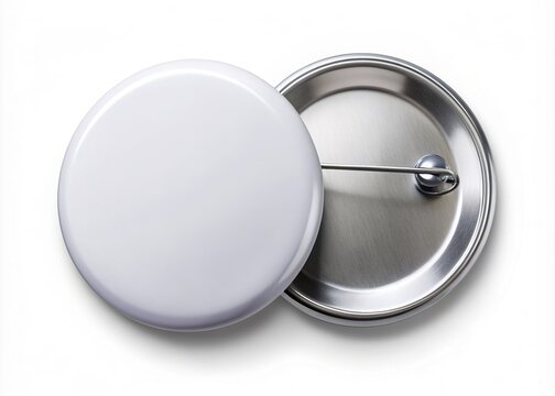 Isolated white circular pinback button with a blank face and metal rim on a pure white background, waiting for your custom design or text.