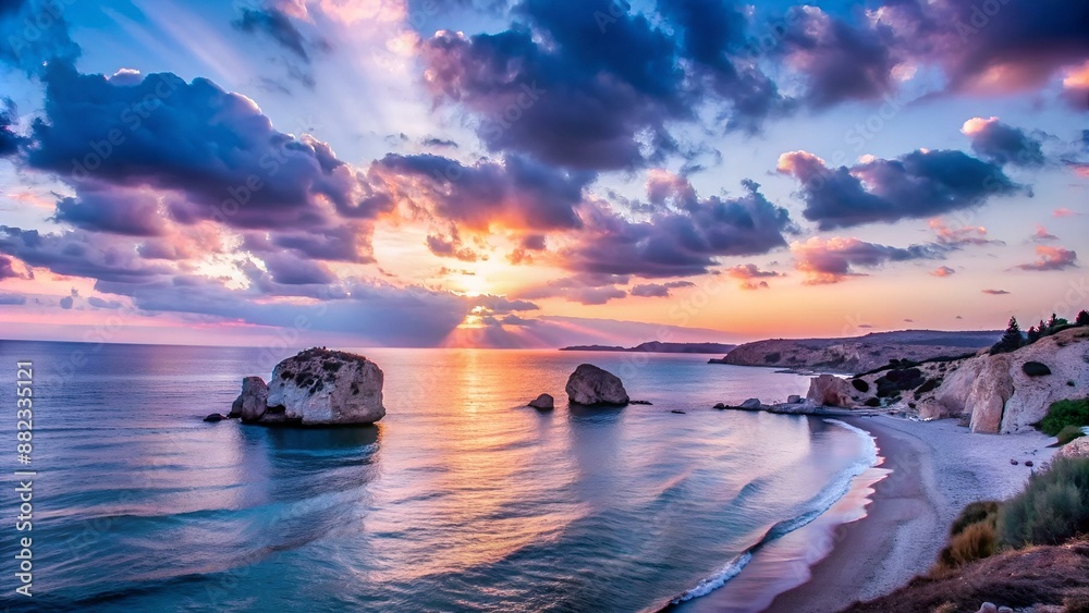 Wall mural panoramic sunset landscape of petra tou romiou (the rock of the greek), aphrodite's legendary birthp