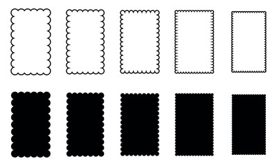 Scallop stories frames set. Zigzag wavy edges, retro squiggle frames, rectangles, photo frames. Vector groovy shapes set.