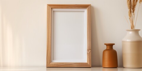 Wooden picture frame on a minimalist shelf with decorative vases, perfect for showcasing art or photography in a modern home setting.