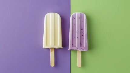 Ice popsicle ice cream on green and violet background