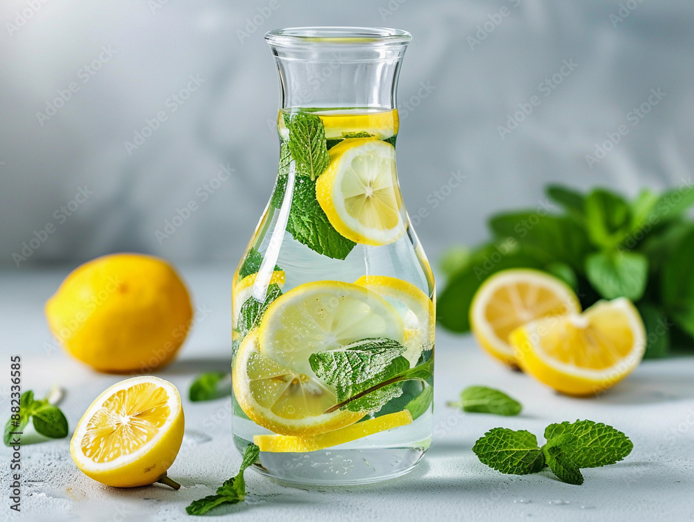 Sticker Refreshing Lemon and Mint Infused Water Pitcher on White Surface