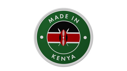 Made in Kenya. Circle country flag product label round pinback button banner simple. Transparent backgound. 3d rendered with alpha channel. Round shape.