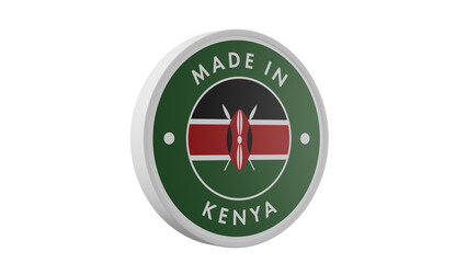 Made in Kenya. Circle country flag product label round pinback button banner simple. Transparent backgound. 3d rendered with alpha channel. Round shape.