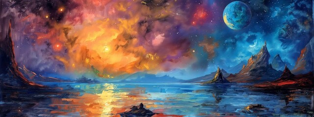 bright gradient color surreal other world sci-fi fantasy landscape, big moon at horizon at sunset time	
