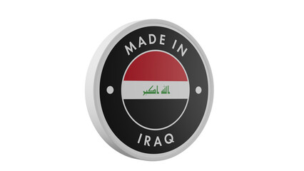 Made in Iraq . Circle country flag product label round pinback button banner simple. Transparent backgound. 3d rendered with alpha channel. Round shape.