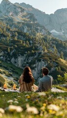 Couple Enjoying a Picnic on Mountain Plateau with Mosquito Repellent Products in Scenic View