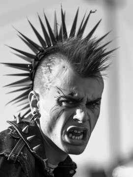 Angry punk with a mohawk. Portrait of a punk man with piercings and tattoos.