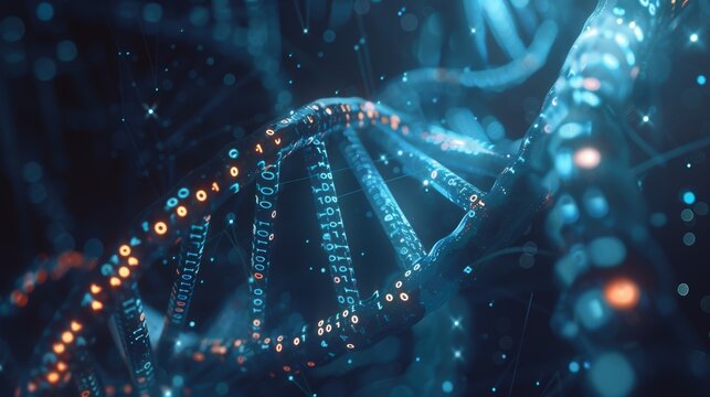 Futuristic DNA Data Storage Visualization with Binary Code on High-Tech Blue Background