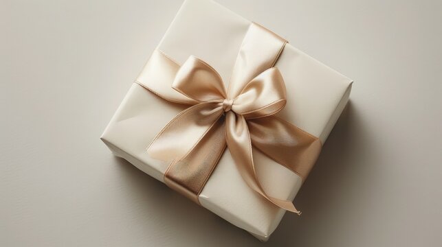 Elegant gift box wrapped in a white paper with a beautiful beige satin ribbon bow, perfect for celebrations and special occasions.