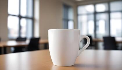 Fototapeta premium Closeup view of a cup on table with blurred office background
