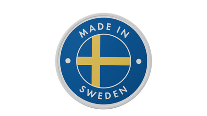 Made in Sweden. Circle country flag product label round pinback button banner simple. Transparent backgound. 3d rendered with alpha channel. Round shape.