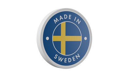Made in Sweden. Circle country flag product label round pinback button banner simple. Transparent backgound. 3d rendered with alpha channel. Round shape.