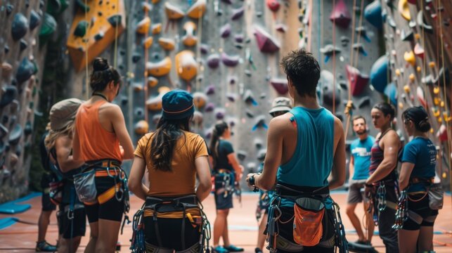 Climbers Preparing for Competition Strategy with Gear Check at Colorful Climbing Wall Indoor Facility