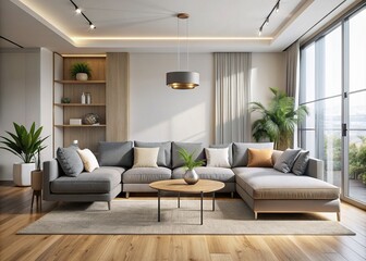 Fototapeta premium Modern minimalist living room interior design concept with a sleek low-profile grey sectional sofa centered on a light wood floor amidst a neutral color palette.
