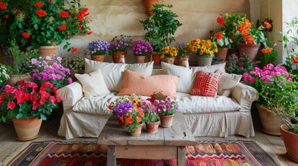 Cozy living room with two fabric sofas, a wooden coffee table, and vibrant flowers in various pots and plants around the room.