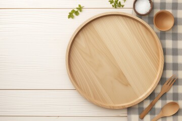 Empty round wooden plate with spoonand fork on wood table