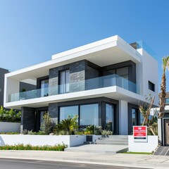 Contemporary Home with a For Sale Sign: Emblematic of Real Estate Market Research and the Property Purchasing Journey for Aspiring Homebuyers