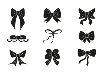 Hand drawn doodle decorative bows and ribbons isolated on transparent background. Black silhouette set for hair decorations, holiday party items, gift wrapping, gift cards and luxury packaging.