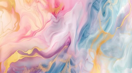 Obraz premium Abstract landscape with marble and gold swirls, pastel colors, fluid lines, dreamy atmosphere, ink art, fantasy style, high resolution. 