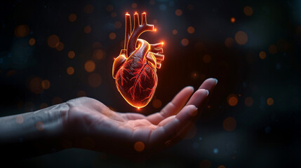 A hand holding a heart with a red glow. The heart is surrounded by a blurry background, giving the impression of a glowing, ethereal object. Concept of wonder and awe