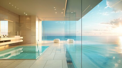 Obraz premium Discover a serene bathroom sanctuary boasting a spacious layout and a stunning glass wall offering panoramic views of the azure sky and sea illuminated by sunlight. 