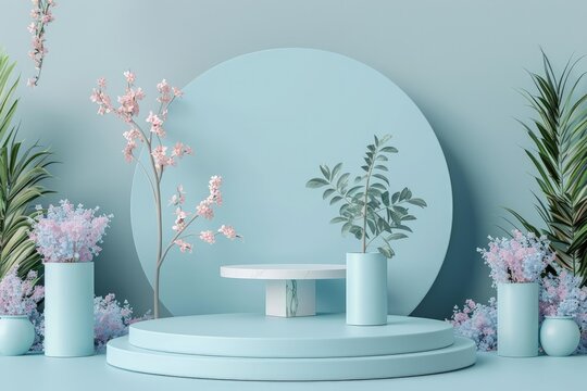 Fresh and Stylish 3in1 Podium with Pastel Blue Background for Inviting Product Presentation
