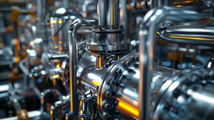 Industrial machinery with stainless steel pipes and valves in factory setting