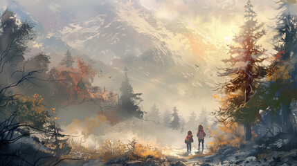 Obraz premium A painting of a forest with two people walking on a path