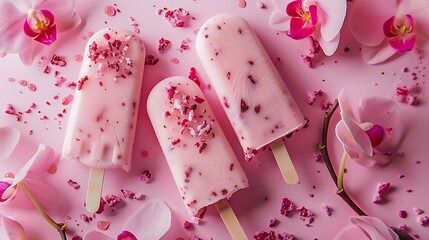 Ice popsicle ice cream on pink and orchid background