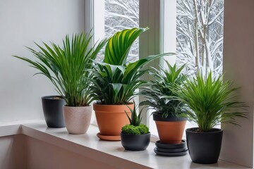 A fragment of the interior with potted indoor plants. Landscaping of the house. The concept of...