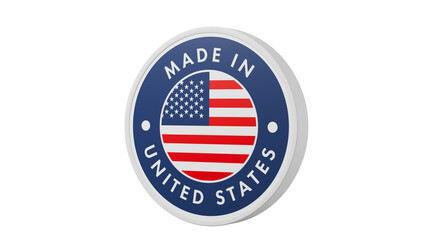 Made in United States, USA . Circle country flag product label round pinback button banner simple. Transparent backgound. 3d rendered with alpha channel. Round shape.