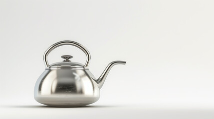 A silver tea kettle sits on a white background. The kettle is shiny and has a handle. Concept of calm and relaxation, as the tea kettle is often associated with the soothing act of brewing tea