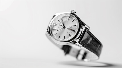 A silver watch with a white face sits on a white background.