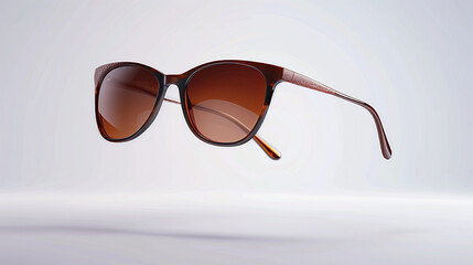 A pair of sunglasses is shown in mid-air, with the frame and lenses visible. The sunglasses are brown and appear to be a designer brand. Concept of style and sophistication