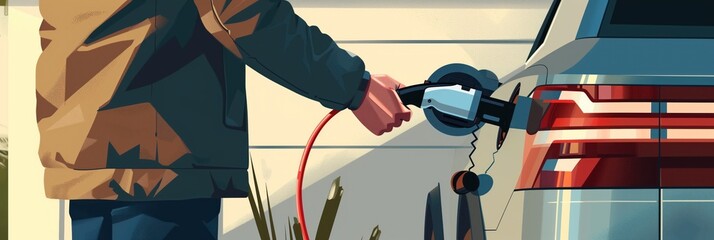 Fototapeta premium Man refuels car at home garage with electric car charger. Minimalistic illustration of person inserting charging port into electric vehicle. Focus on eco-friendly transportation.
